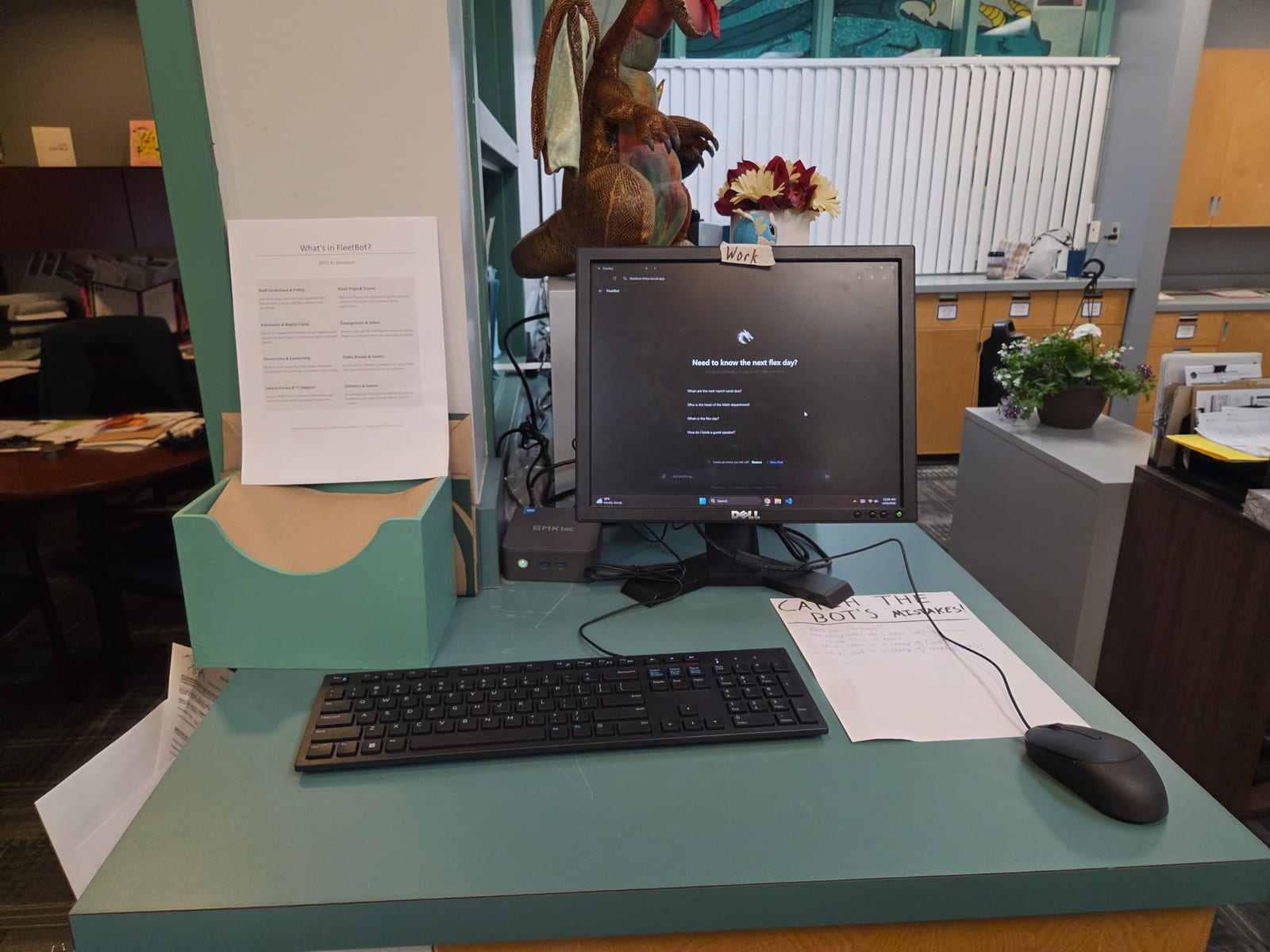 FleetBot running on a dedicated computer in the school's main office, April 2026